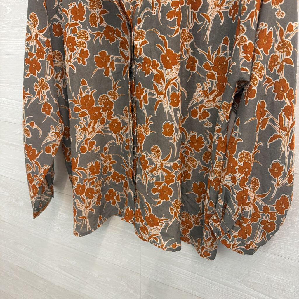 Bishop and Young Grey/ Brown Print Long Sleeve Button Front Top Medium