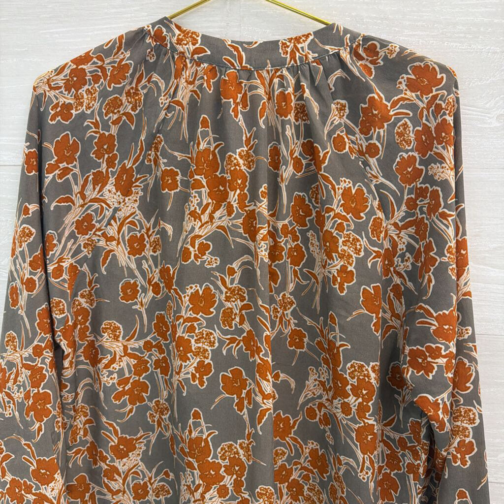 Bishop and Young Grey/ Brown Print Long Sleeve Button Front Top Medium