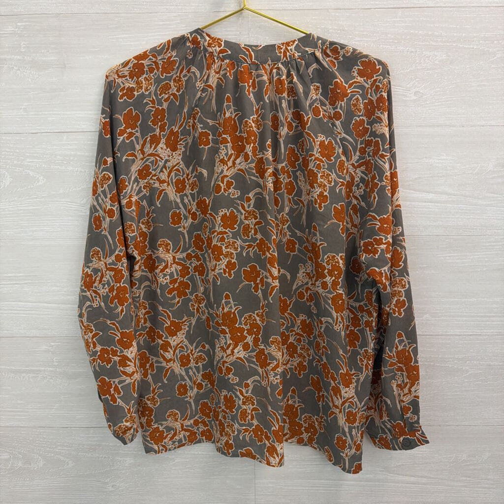 Bishop and Young Grey/ Brown Print Long Sleeve Button Front Top Medium