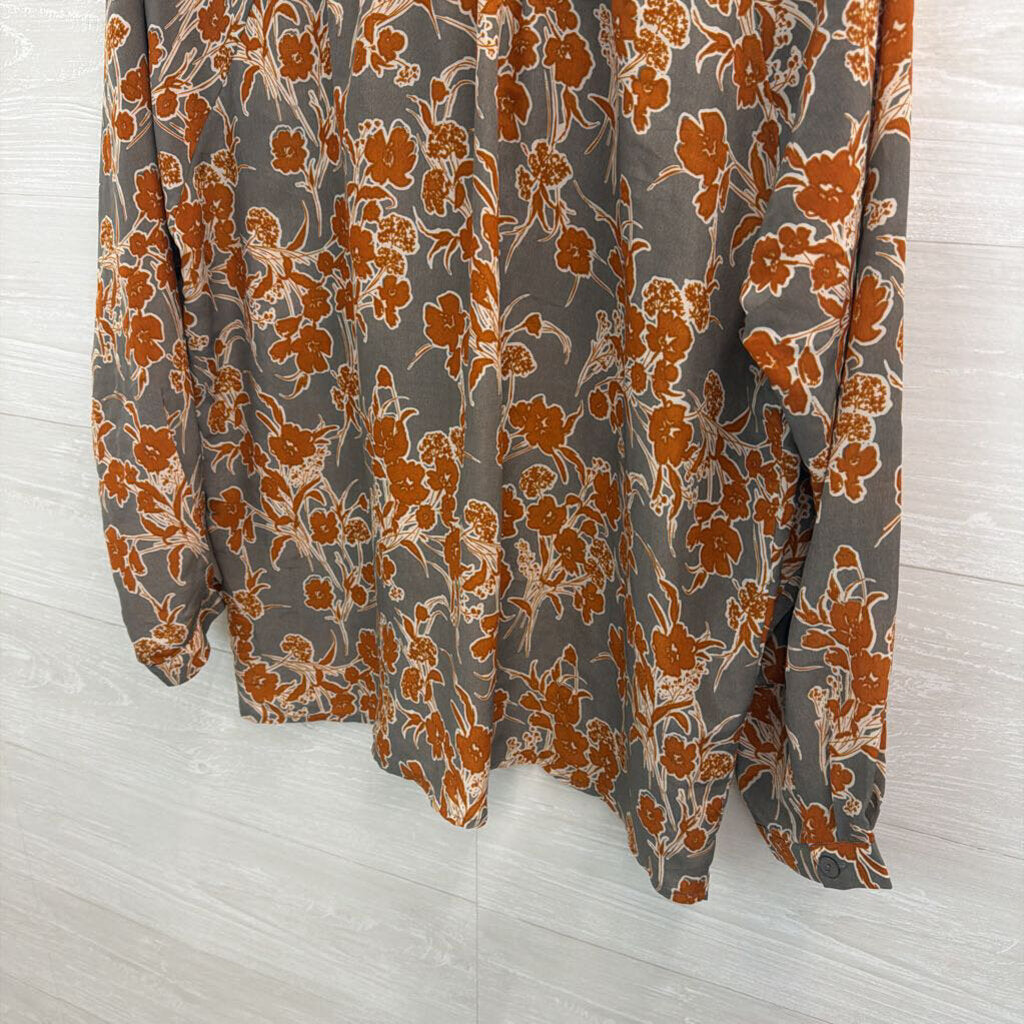 Bishop and Young Grey/ Brown Print Long Sleeve Button Front Top Medium