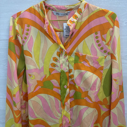 Zara Yellow/ Multi Colorful Print Long Sleeve Button Front Top Medium