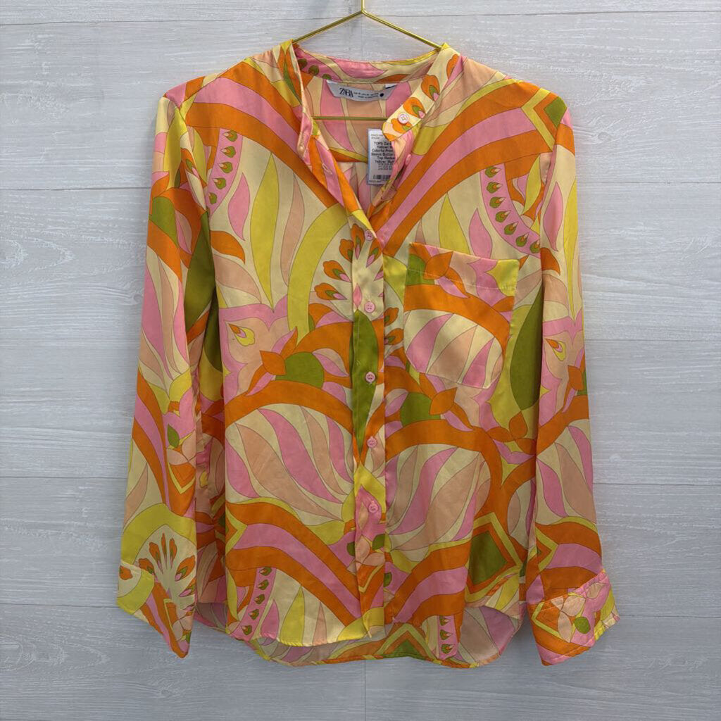 Zara Yellow/ Multi Colorful Print Long Sleeve Button Front Top Medium