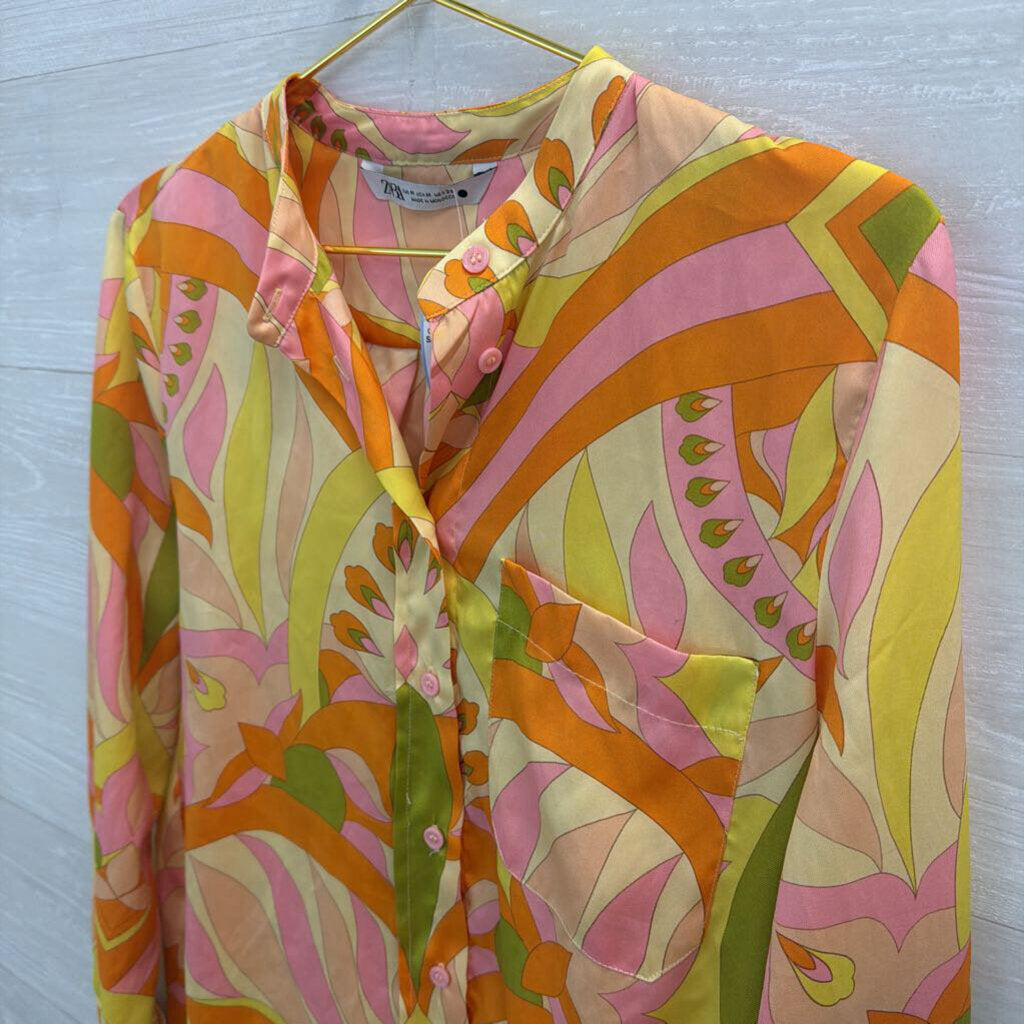 Zara Yellow/ Multi Colorful Print Long Sleeve Button Front Top Medium