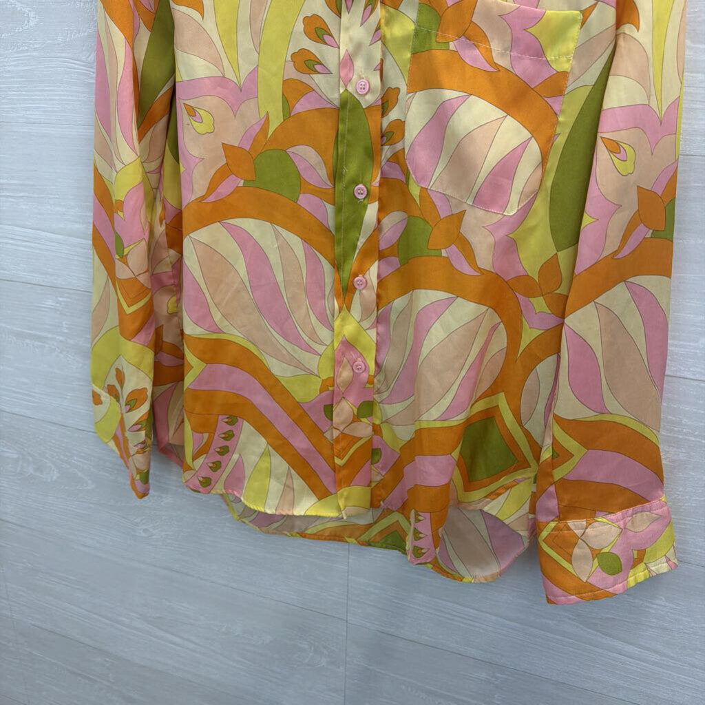 Zara Yellow/ Multi Colorful Print Long Sleeve Button Front Top Medium