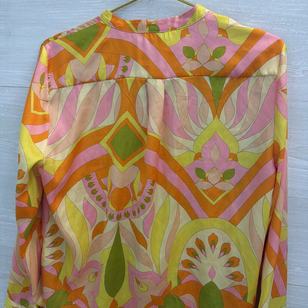 Zara Yellow/ Multi Colorful Print Long Sleeve Button Front Top Medium
