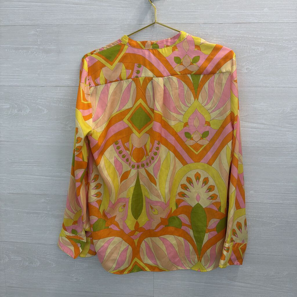 Zara Yellow/ Multi Colorful Print Long Sleeve Button Front Top Medium