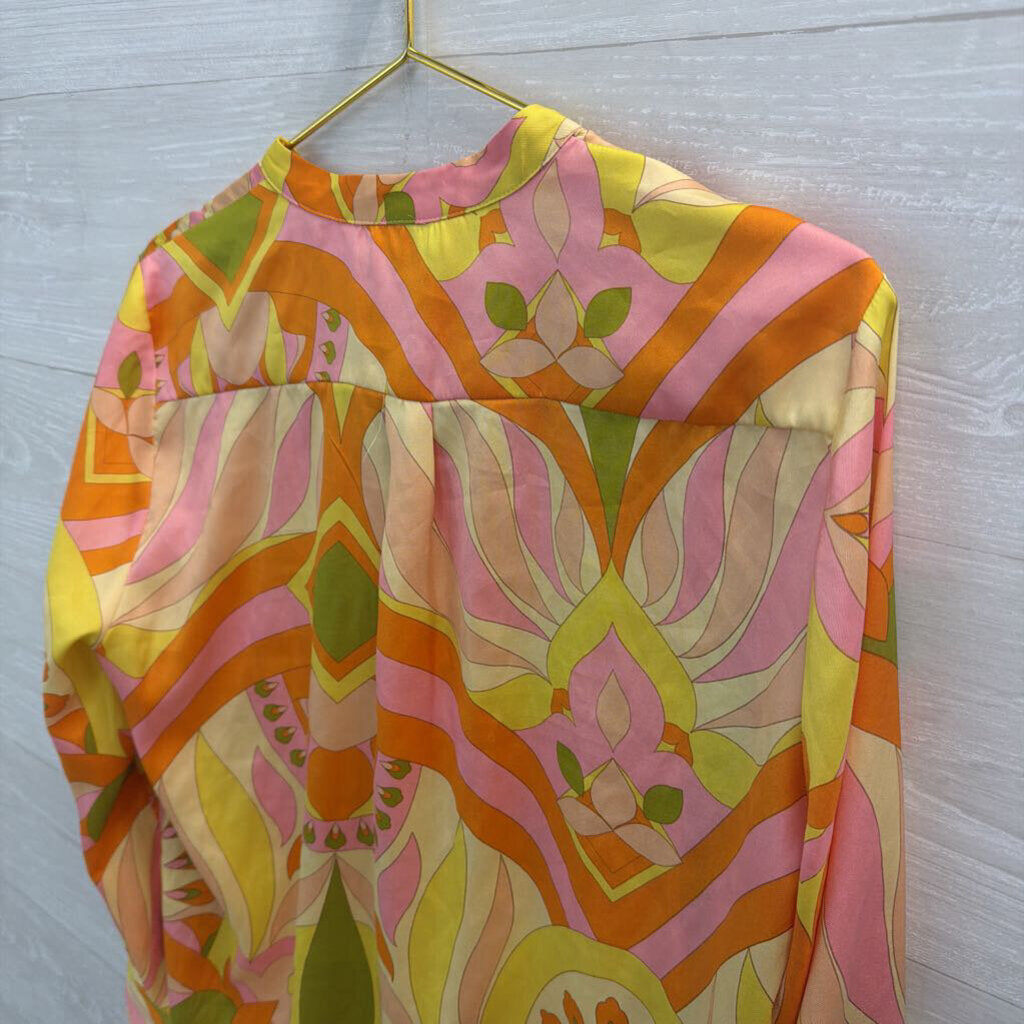 Zara Yellow/ Multi Colorful Print Long Sleeve Button Front Top Medium