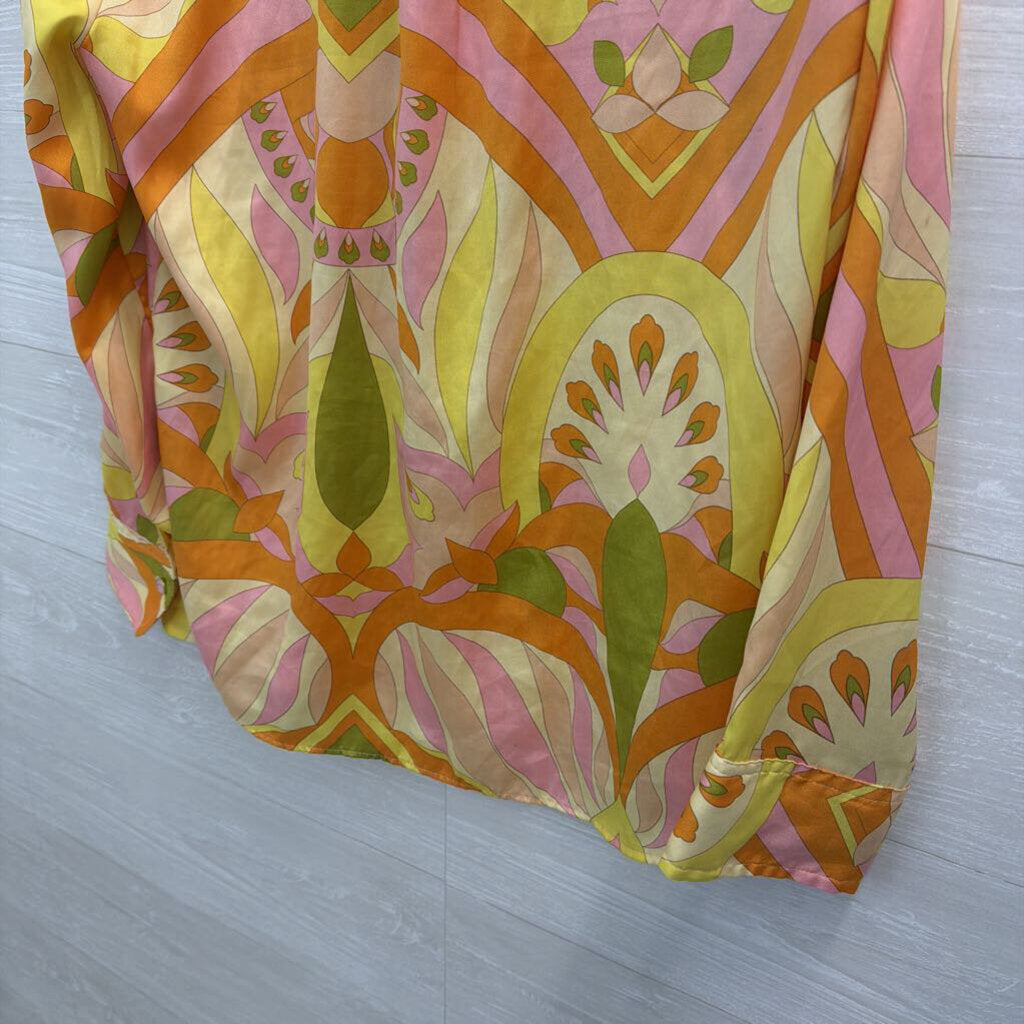 Zara Yellow/ Multi Colorful Print Long Sleeve Button Front Top Medium
