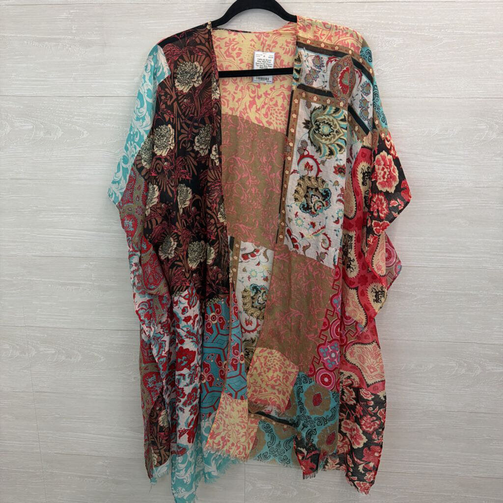 Pink/ Multi Print Open Front Kimono Top One Size