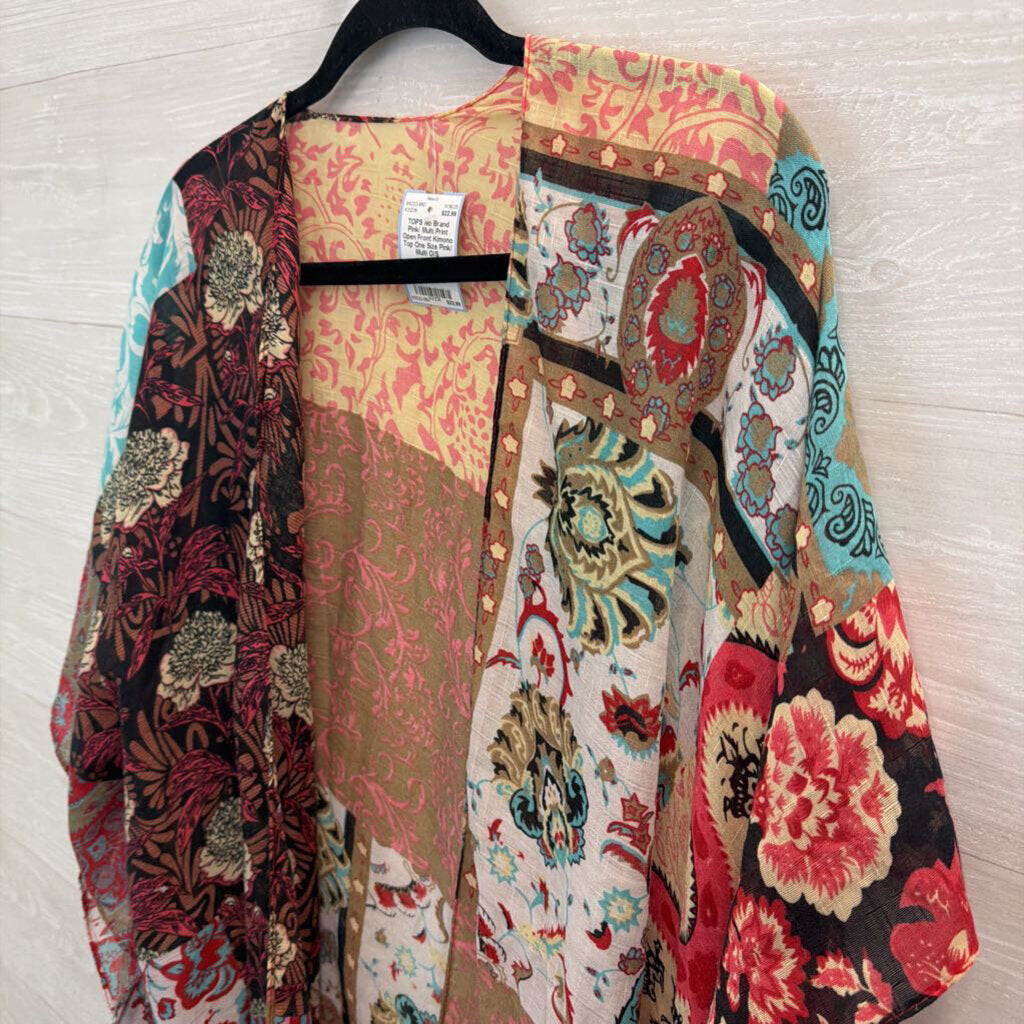 Pink/ Multi Print Open Front Kimono Top One Size