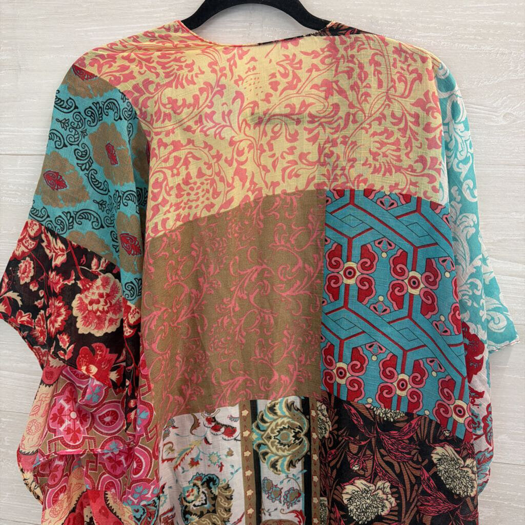 Pink/ Multi Print Open Front Kimono Top One Size