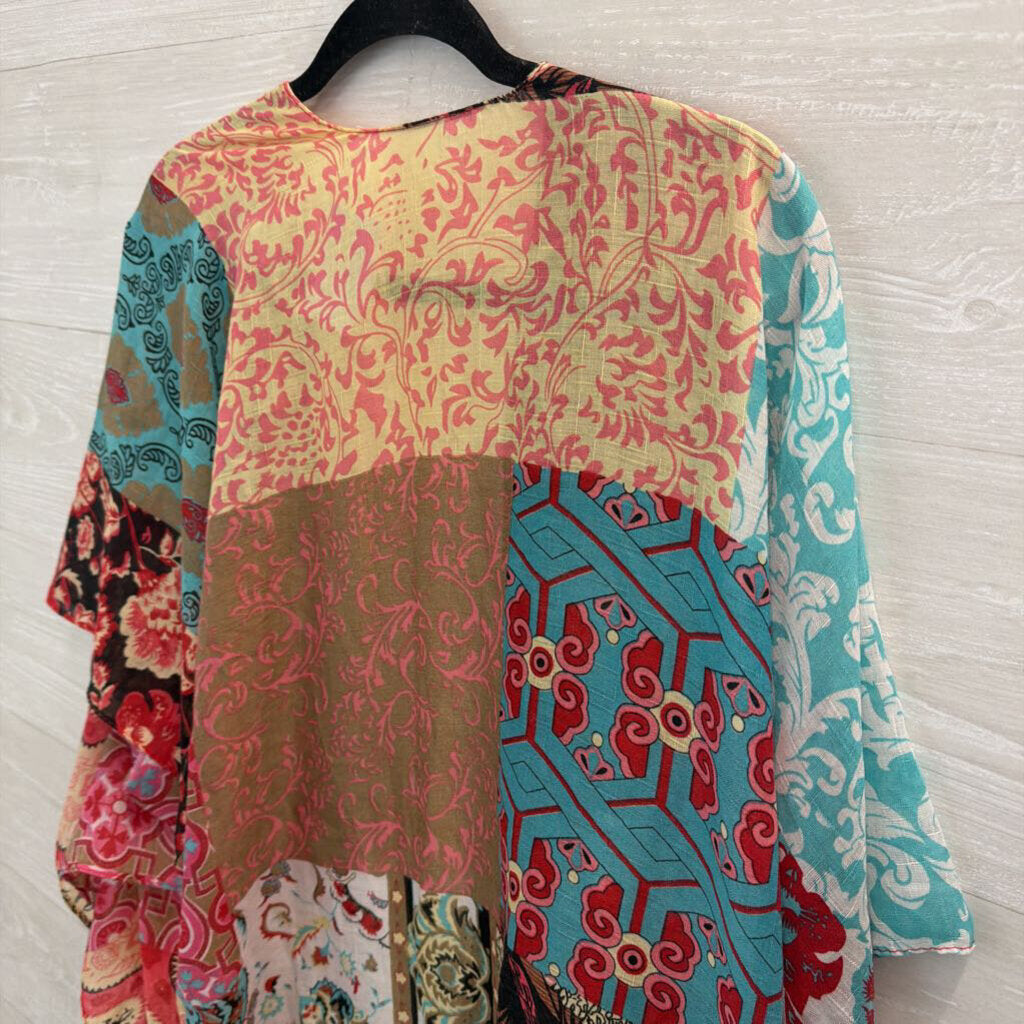 Pink/ Multi Print Open Front Kimono Top One Size