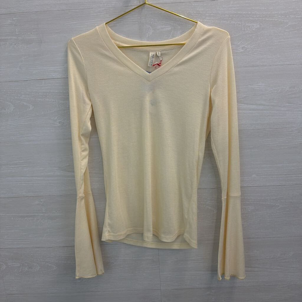 Hayden Cream Ribbed Long Bell Sleeve Top Large