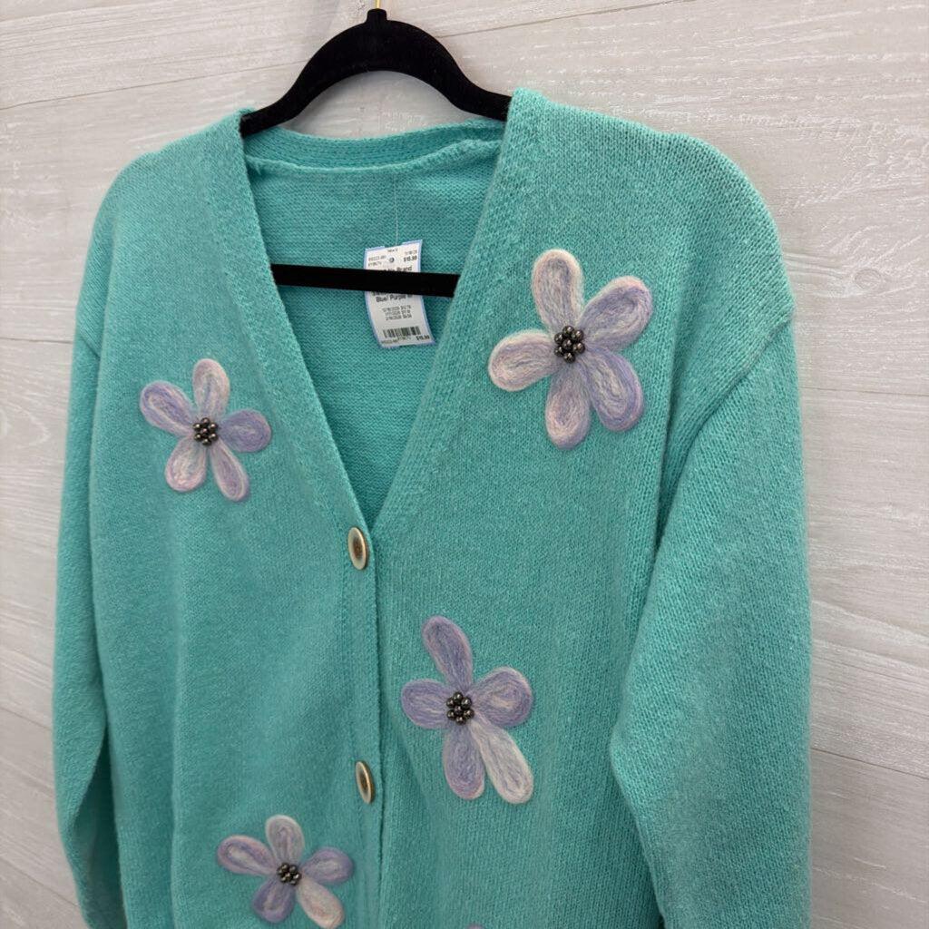 Blue/ Purple Flower Detail Cardigan Sweater Medium