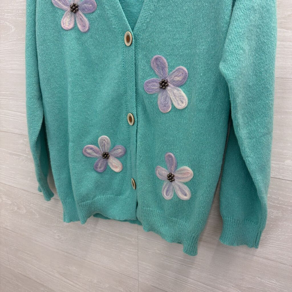 Blue/ Purple Flower Detail Cardigan Sweater Medium