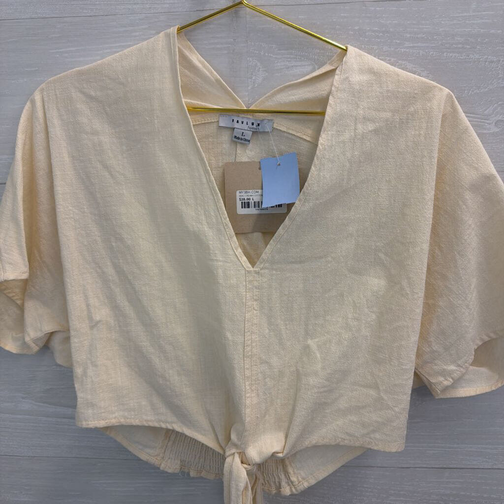 Fav Lux Cream Short Sleeve Cropped Tie Front Top Large