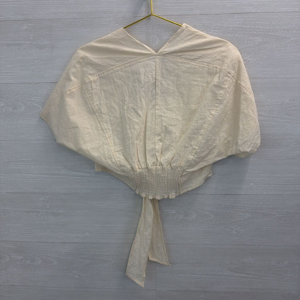 Fav Lux Cream Short Sleeve Cropped Tie Front Top Large