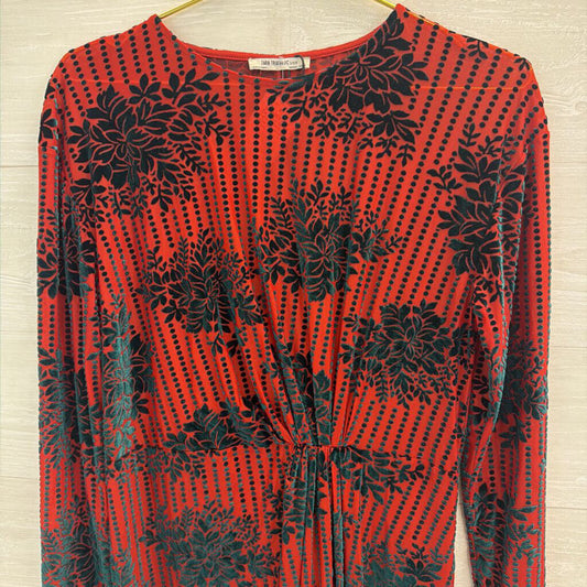 Zara Red/ Green Velvet Print Long Sleeve Dress Large