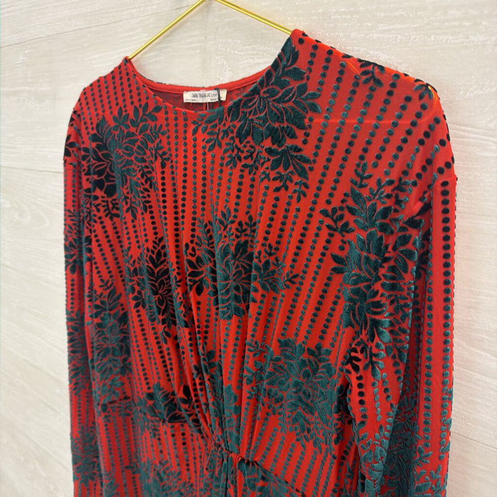 Zara Red/ Green Velvet Print Long Sleeve Dress Large