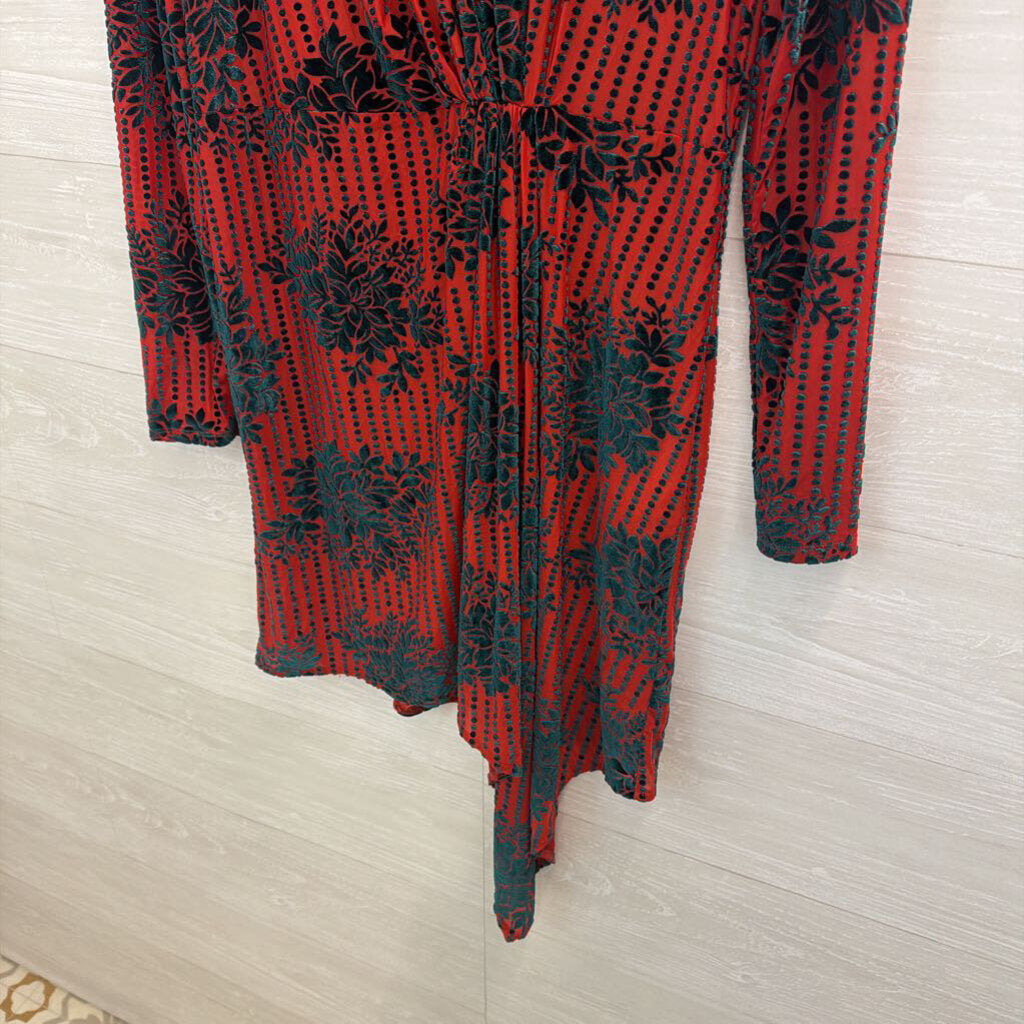Zara Red/ Green Velvet Print Long Sleeve Dress Large