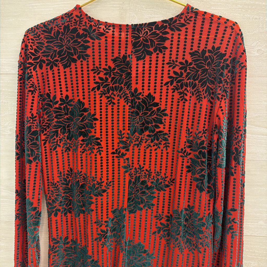 Zara Red/ Green Velvet Print Long Sleeve Dress Large