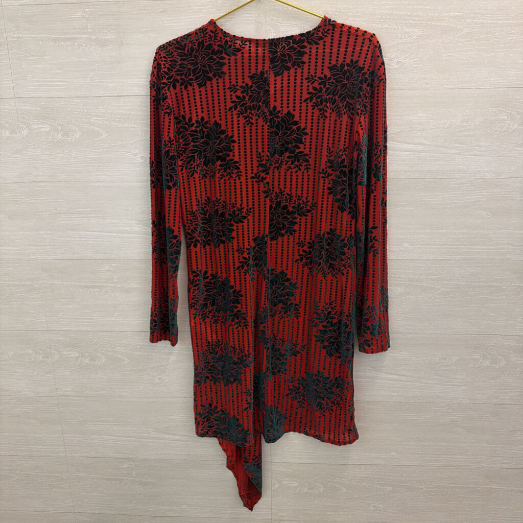 Zara Red/ Green Velvet Print Long Sleeve Dress Large