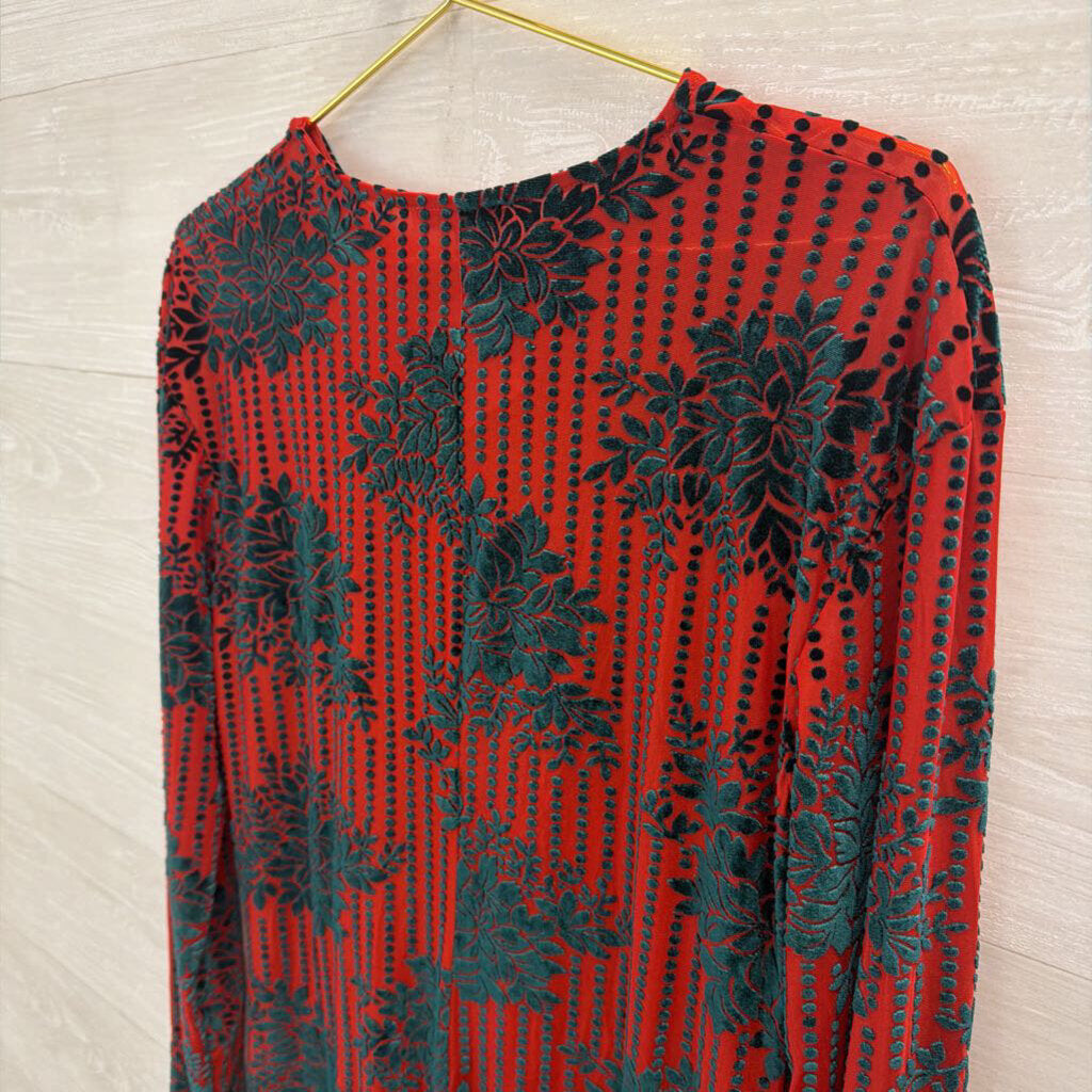 Zara Red/ Green Velvet Print Long Sleeve Dress Large