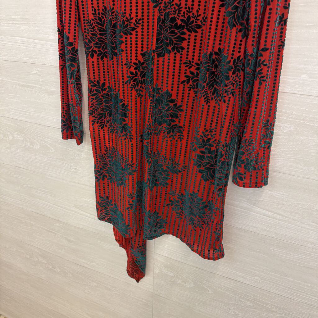 Zara Red/ Green Velvet Print Long Sleeve Dress Large