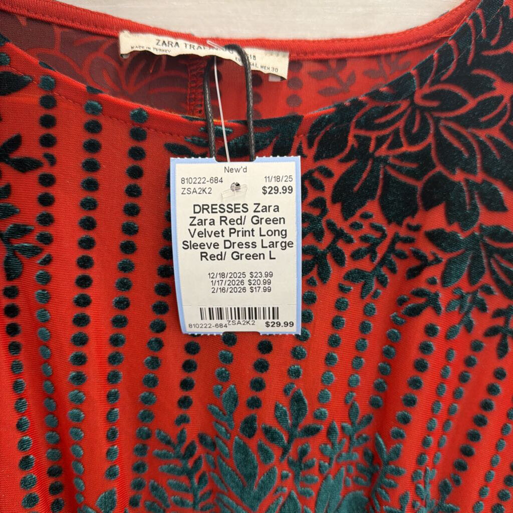 Zara Red/ Green Velvet Print Long Sleeve Dress Large
