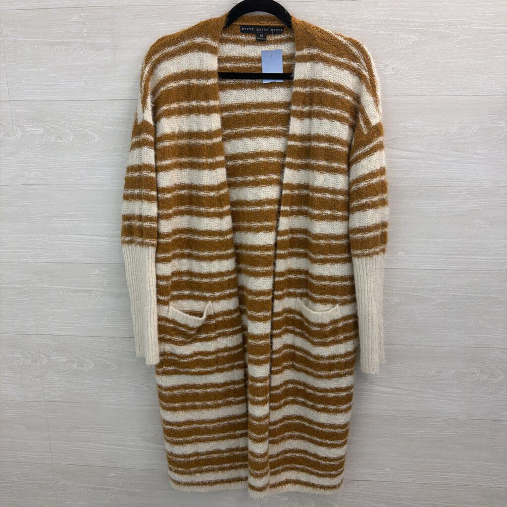 HYFVE Brown/ White Striped Knit Open Front Cardigan Sweater Medium