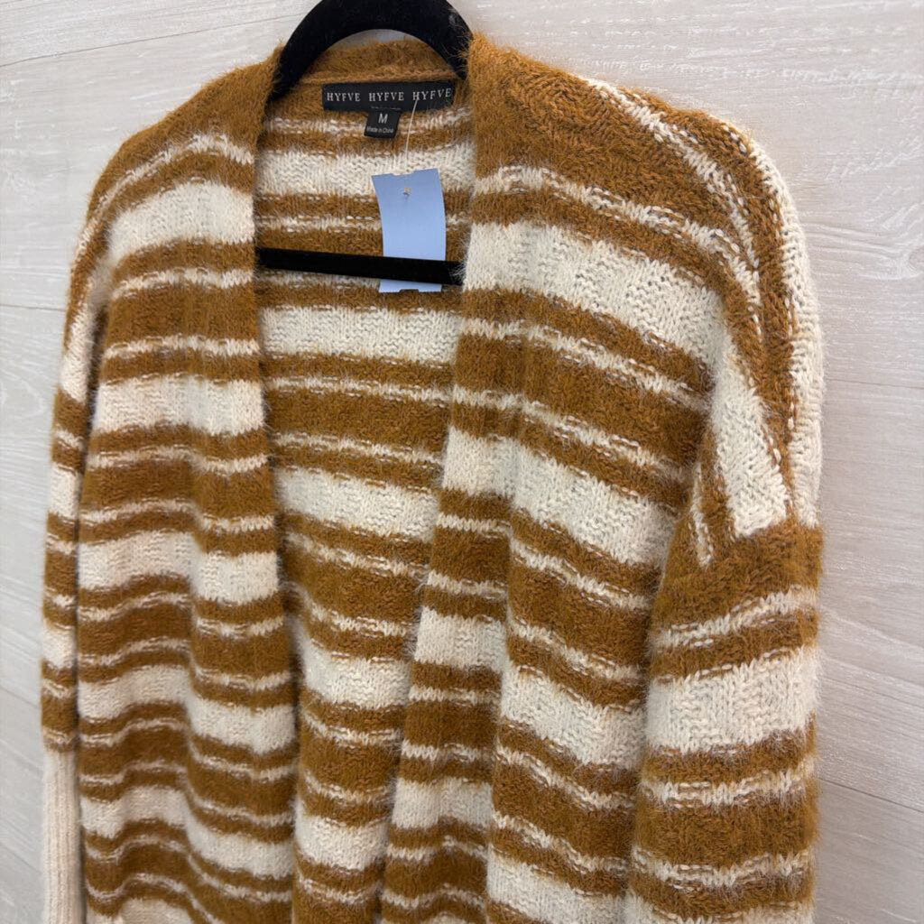 HYFVE Brown/ White Striped Knit Open Front Cardigan Sweater Medium