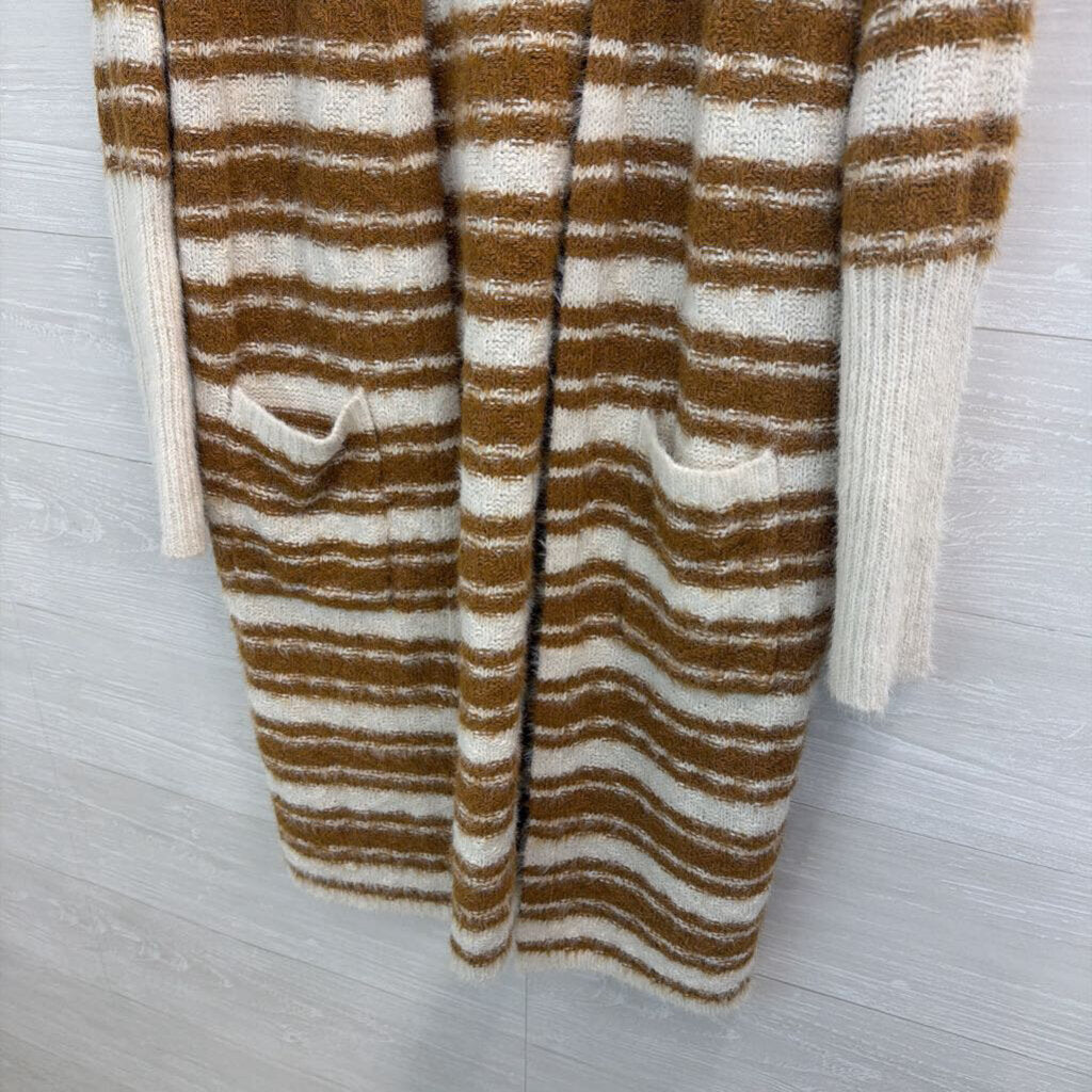 HYFVE Brown/ White Striped Knit Open Front Cardigan Sweater Medium