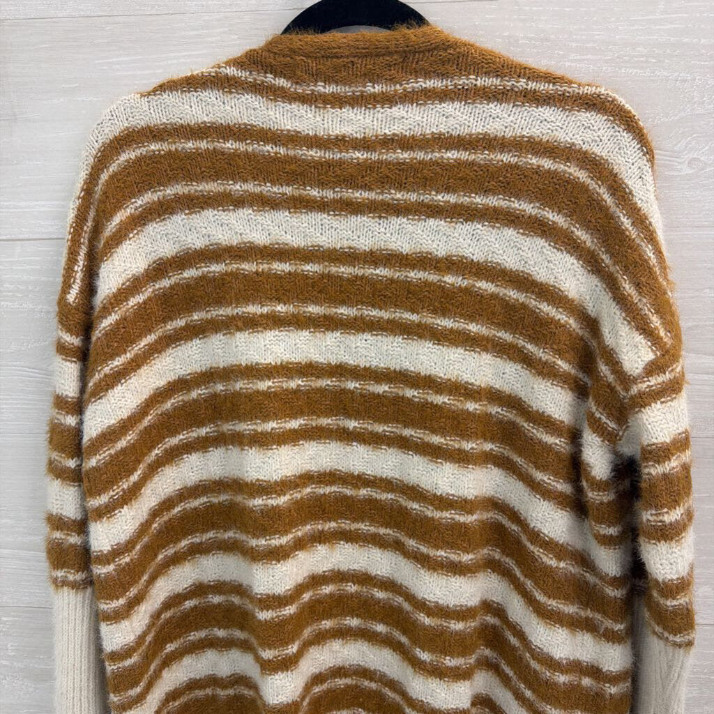 HYFVE Brown/ White Striped Knit Open Front Cardigan Sweater Medium