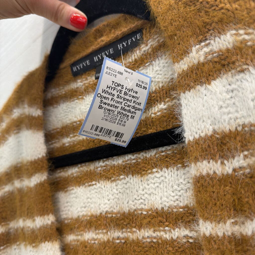HYFVE Brown/ White Striped Knit Open Front Cardigan Sweater Medium