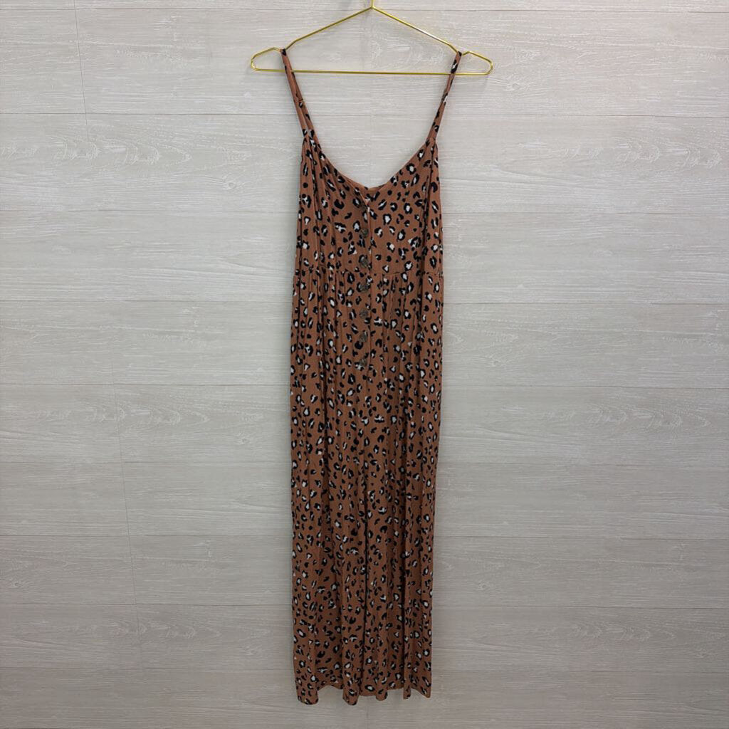 Mustard Seed Brown/ Black Leopard Print Button Front Jumpsuit Large