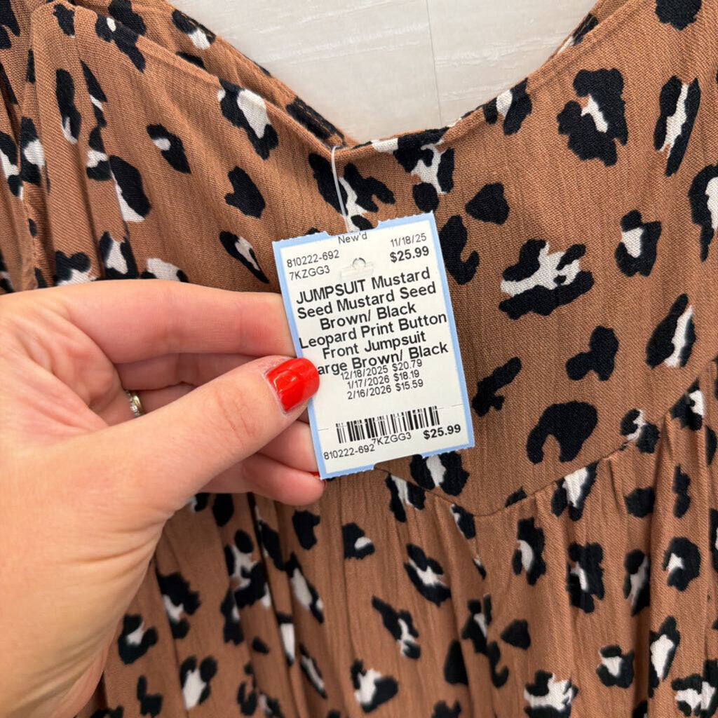 Mustard Seed Brown/ Black Leopard Print Button Front Jumpsuit Large