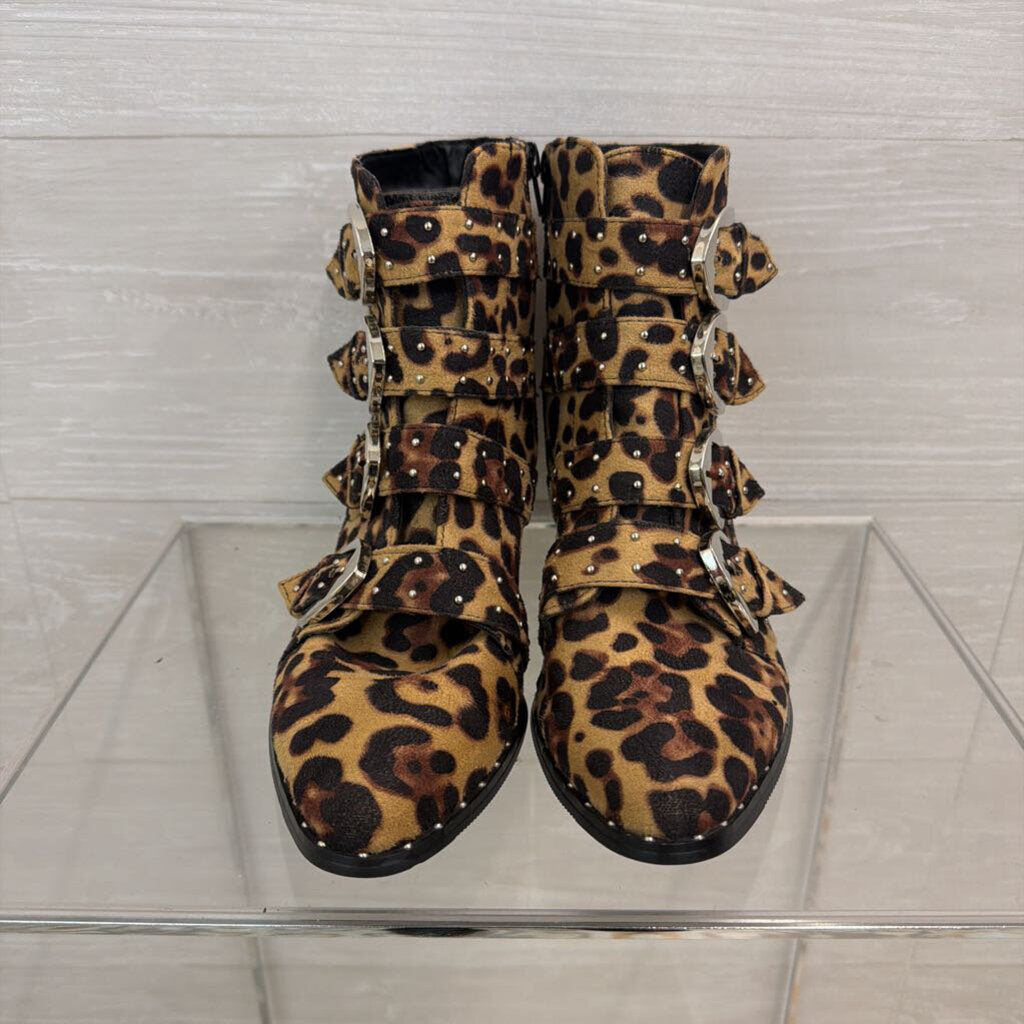 Truffle Collection Brown/ Black Leopard Print Side Buckles Ankle Booties 39