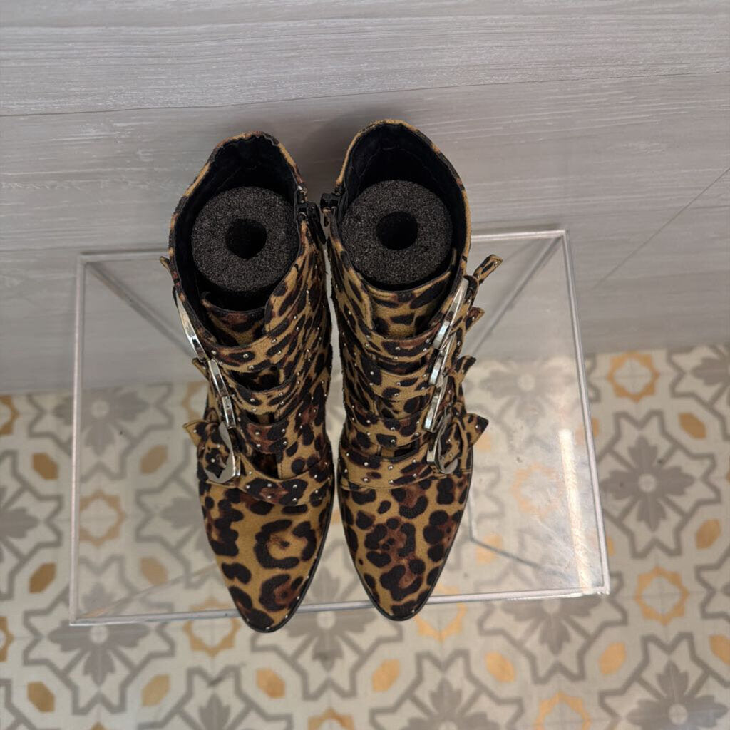Truffle Collection Brown/ Black Leopard Print Side Buckles Ankle Booties 39