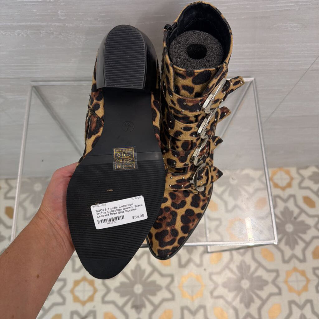 Truffle Collection Brown/ Black Leopard Print Side Buckles Ankle Booties 39