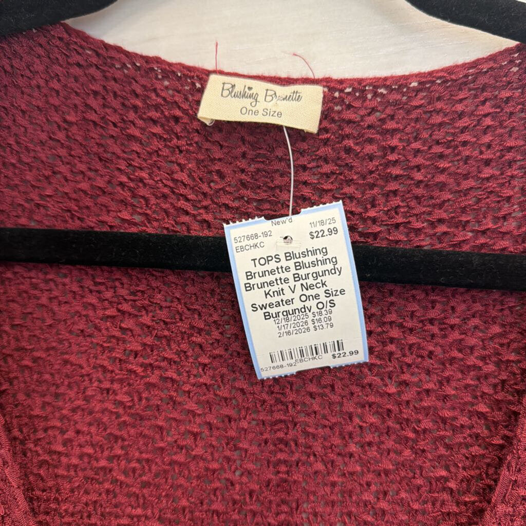 Blushing Brunette Burgundy Knit V Neck Sweater One Size
