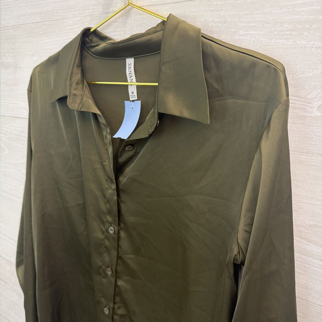Zenana Green Silky Long Sleeve Button Down Top Medium