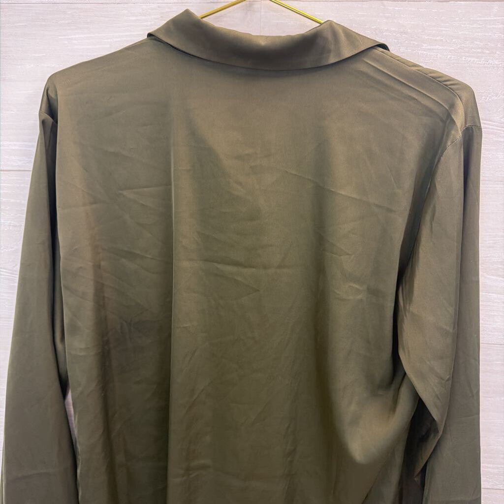 Zenana Green Silky Long Sleeve Button Down Top Medium