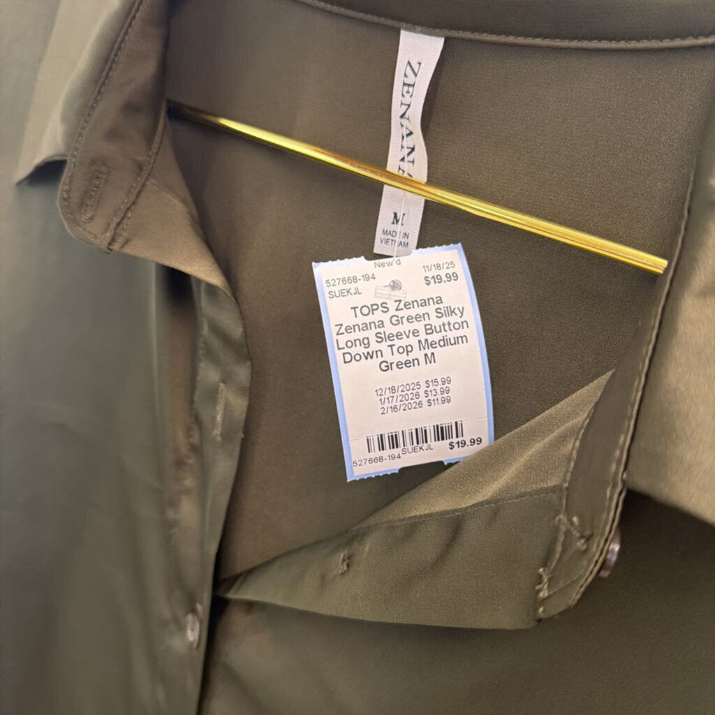 Zenana Green Silky Long Sleeve Button Down Top Medium