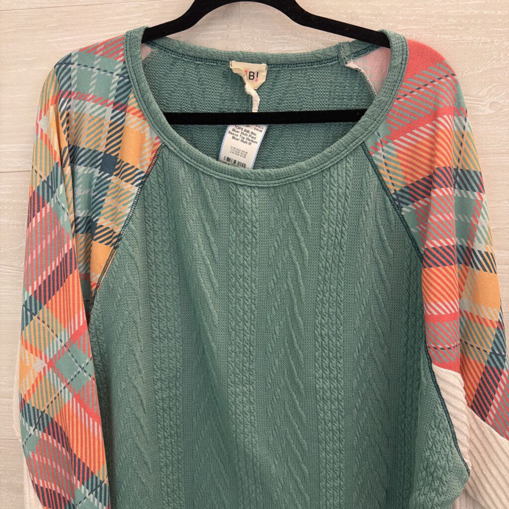 Bibi Blue/ Multi Plaid Sleeve Top Medium