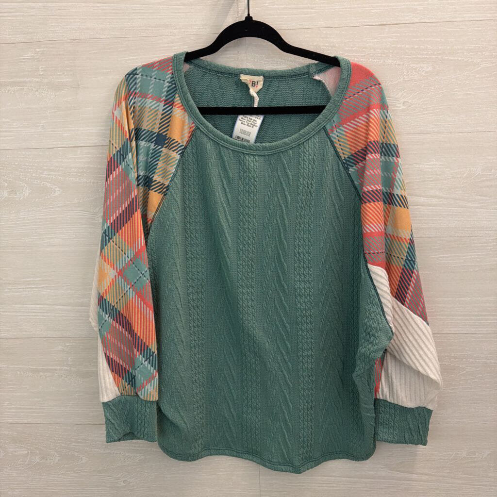 Bibi Blue/ Multi Plaid Sleeve Top Medium