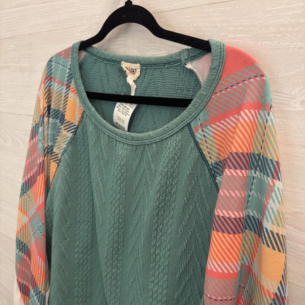 Bibi Blue/ Multi Plaid Sleeve Top Medium