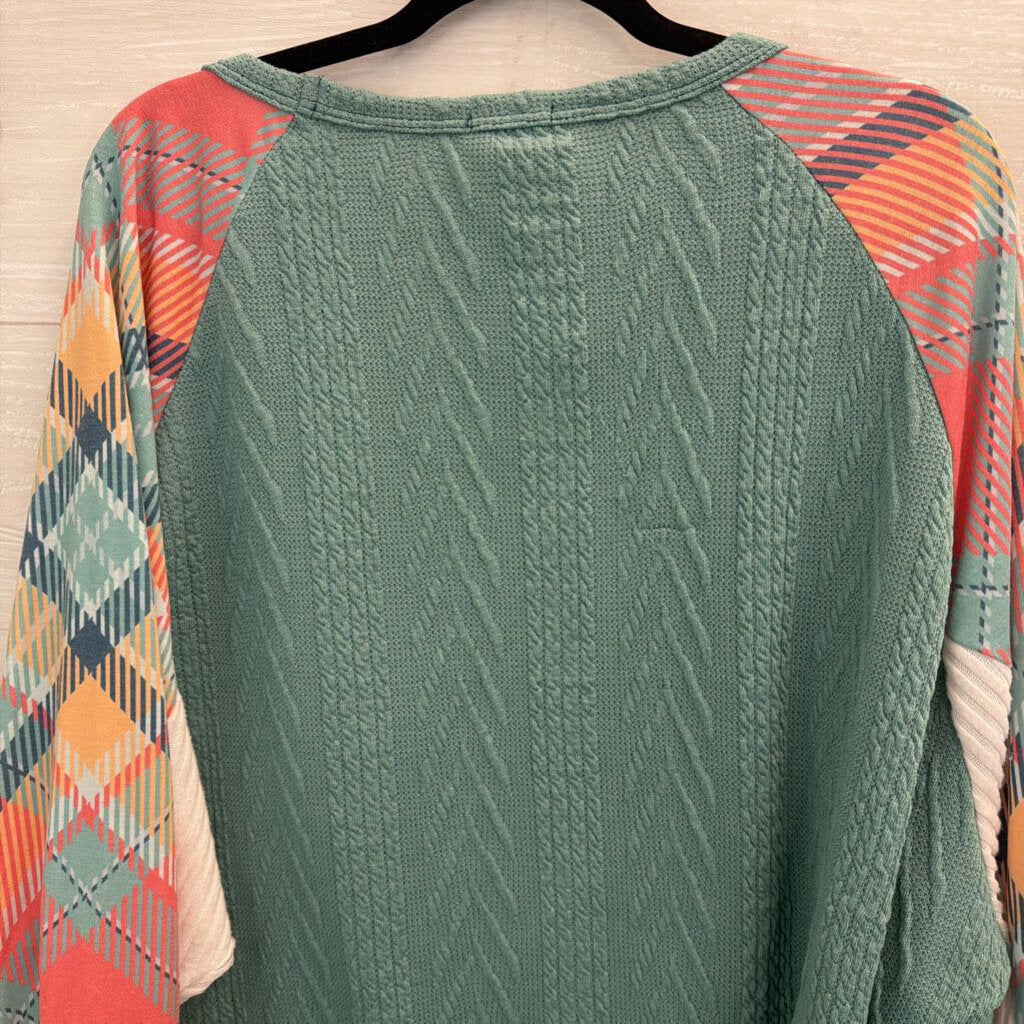 Bibi Blue/ Multi Plaid Sleeve Top Medium