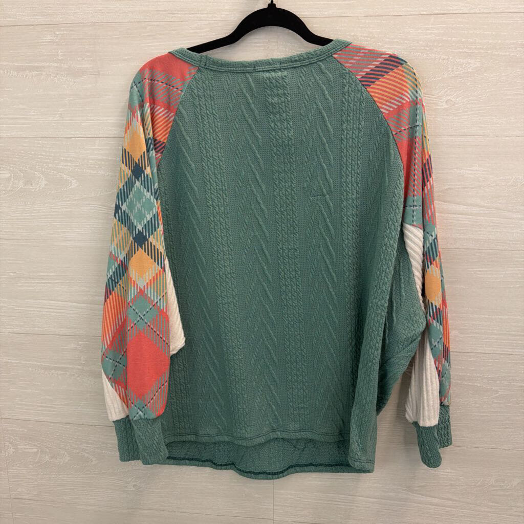 Bibi Blue/ Multi Plaid Sleeve Top Medium
