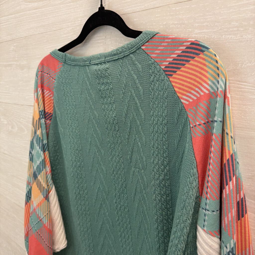 Bibi Blue/ Multi Plaid Sleeve Top Medium