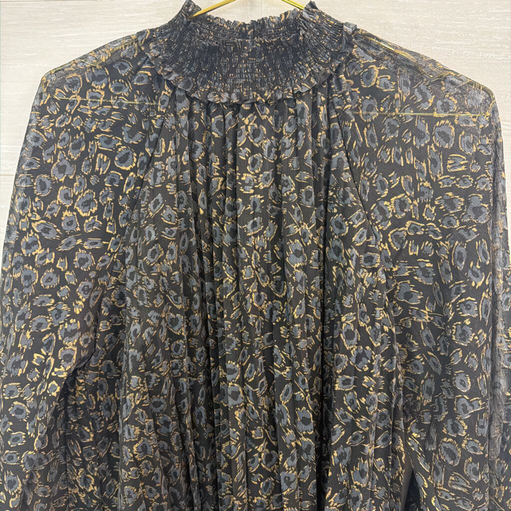 Oddi Black/ Grey Leopard Print Long Sleeve Mock Neck Top Medium